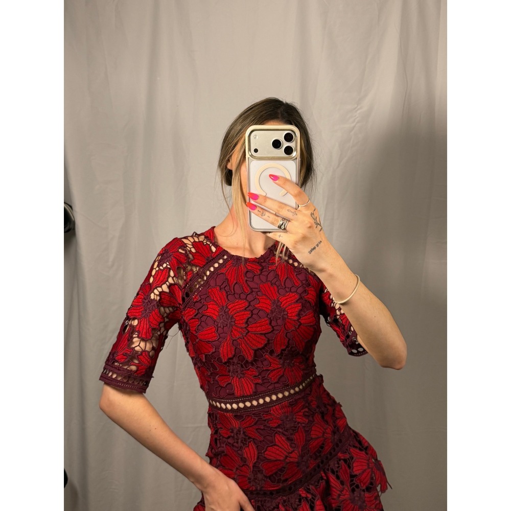 Just Me Floral Lace Mini Dress Womens XS Burgundy Red Excellent Tiered Ruffle - Picture 5 of 9